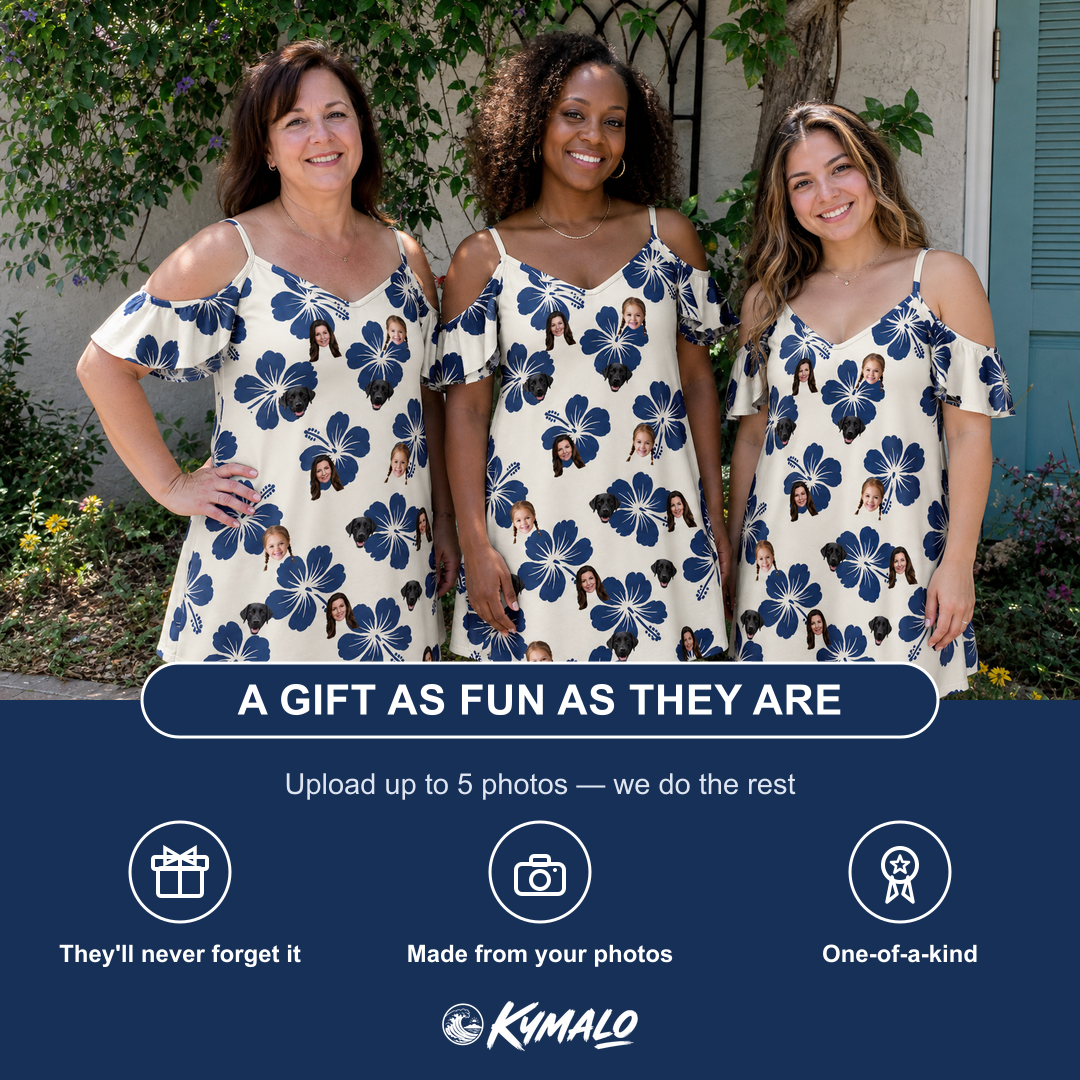 Friends in matching Women's Deco Garden Custom Face Off-Shoulder Dress — a group gift photo