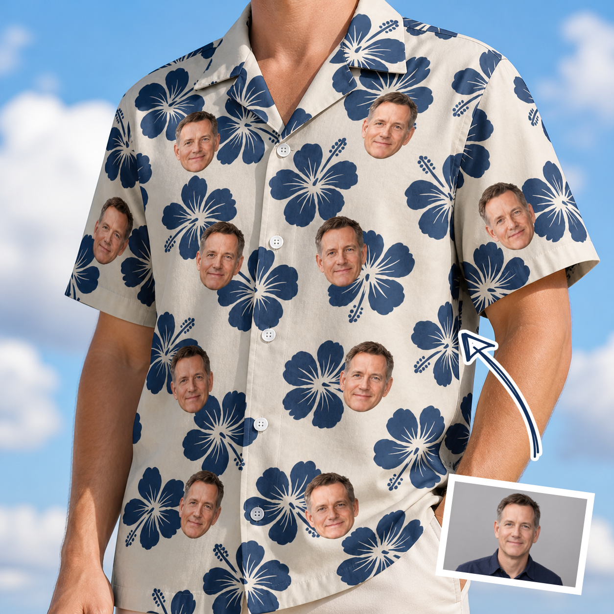 Man wearing Men's Deco Garden Custom Face Hawaiian Shirt — custom faces printed all-over
