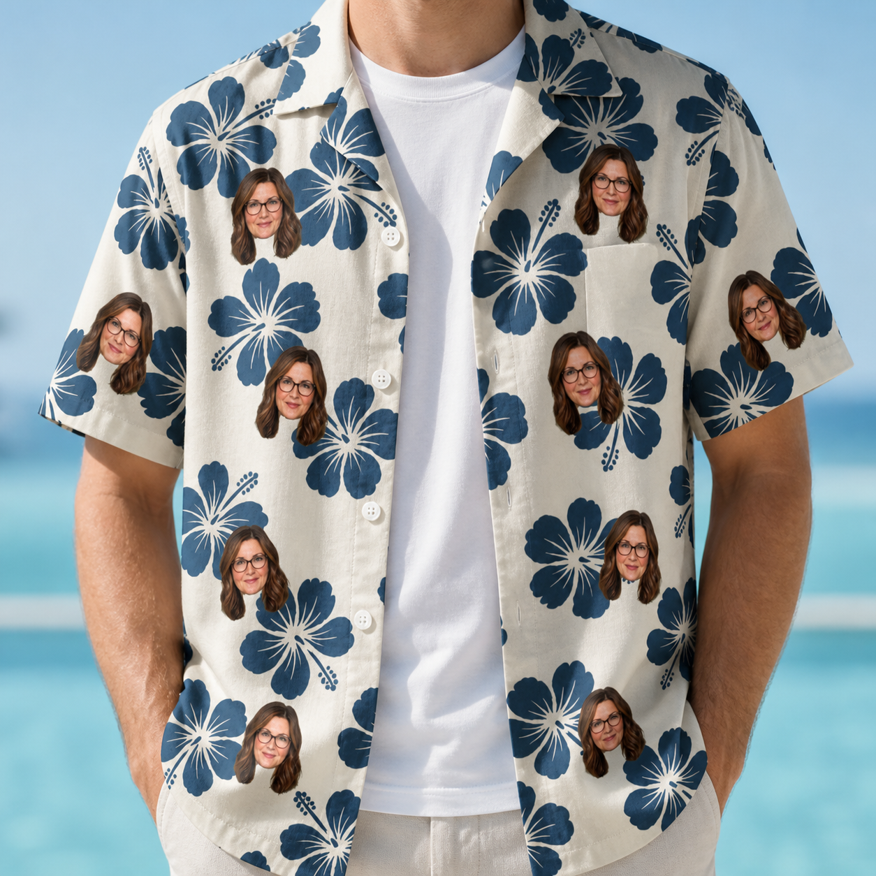 Man wearing Men's Deco Garden Custom Face Hawaiian Shirt open over a white tee
