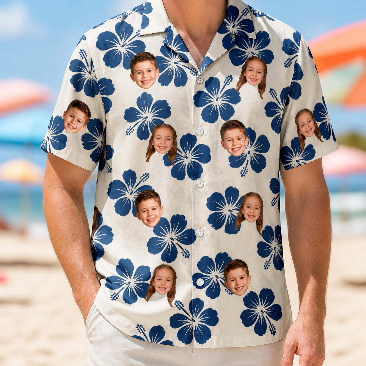 Model wearing Men's Deco Garden Custom Face Hawaiian Shirt printed with kids' faces