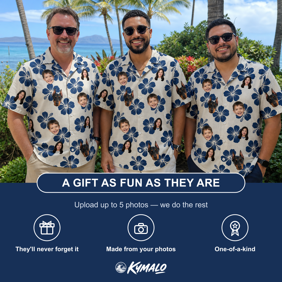 Friends in matching Men's Deco Garden Custom Face Hawaiian Shirt — a group gift photo