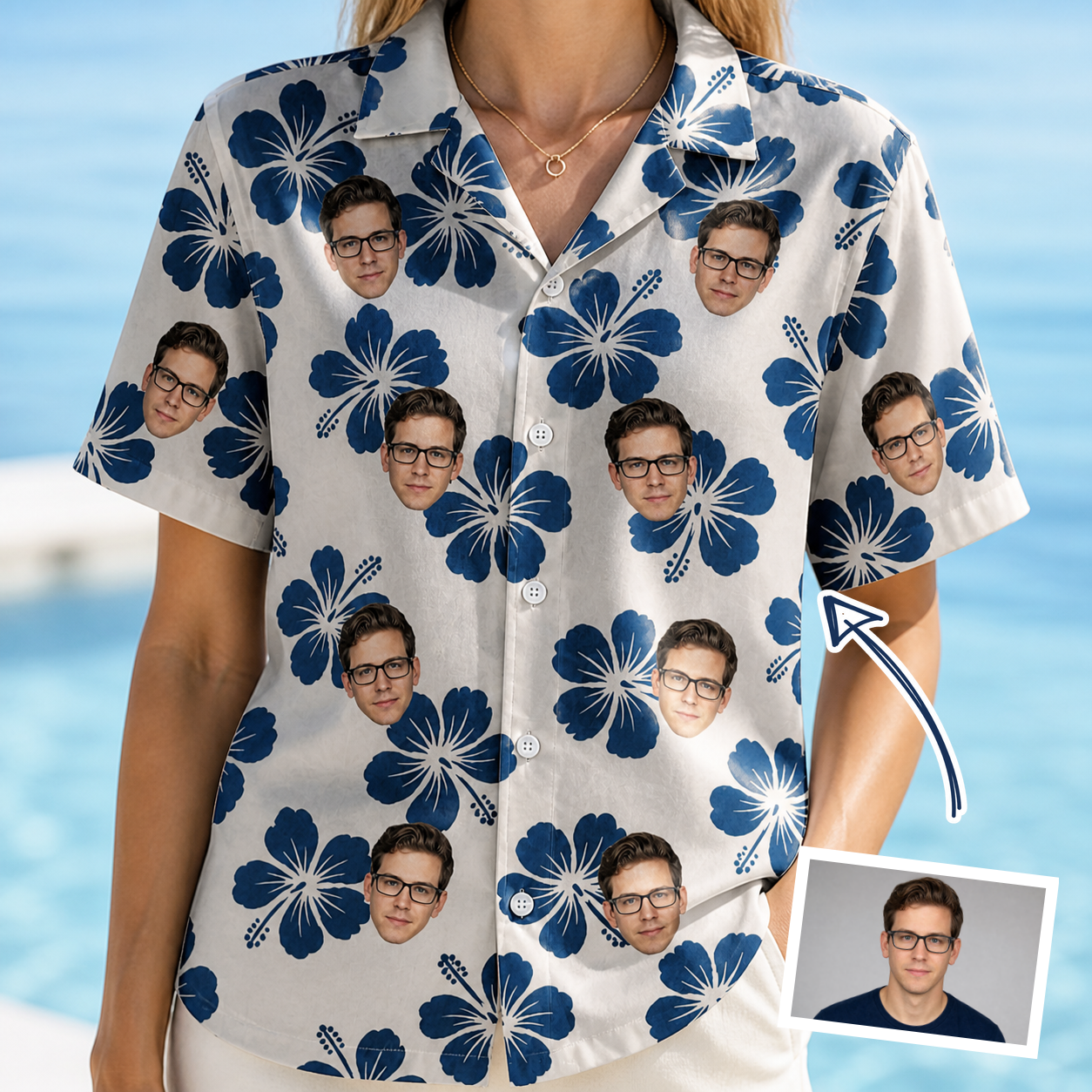 Woman wearing Women's Deco Garden Custom Face Hawaiian Shirt — custom faces printed all-over