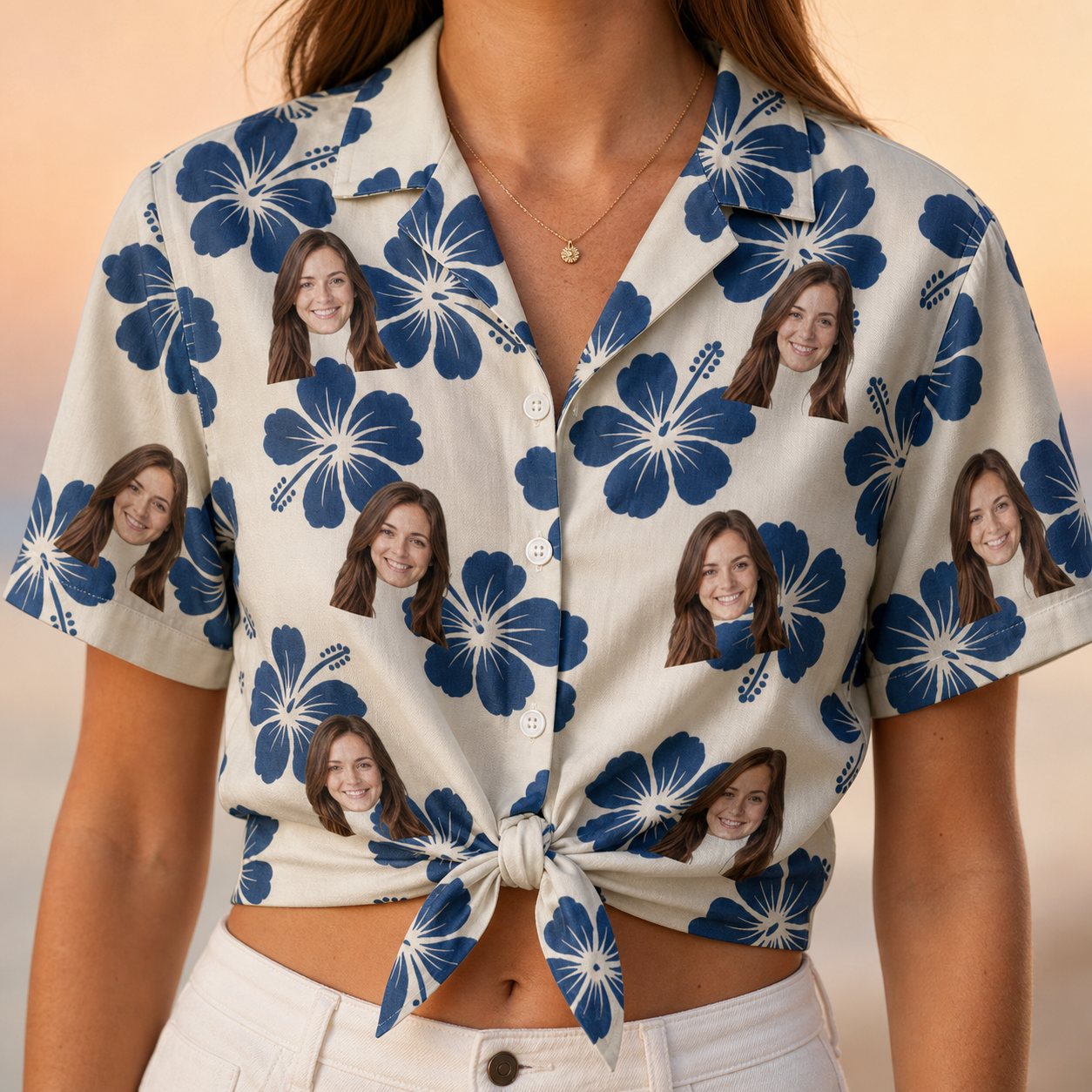 Woman wearing Women's Deco Garden Custom Face Hawaiian Shirt tied at the waist