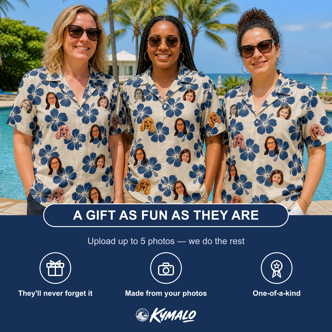 Friends in matching Women's Deco Garden Custom Face Hawaiian Shirt — a group gift photo