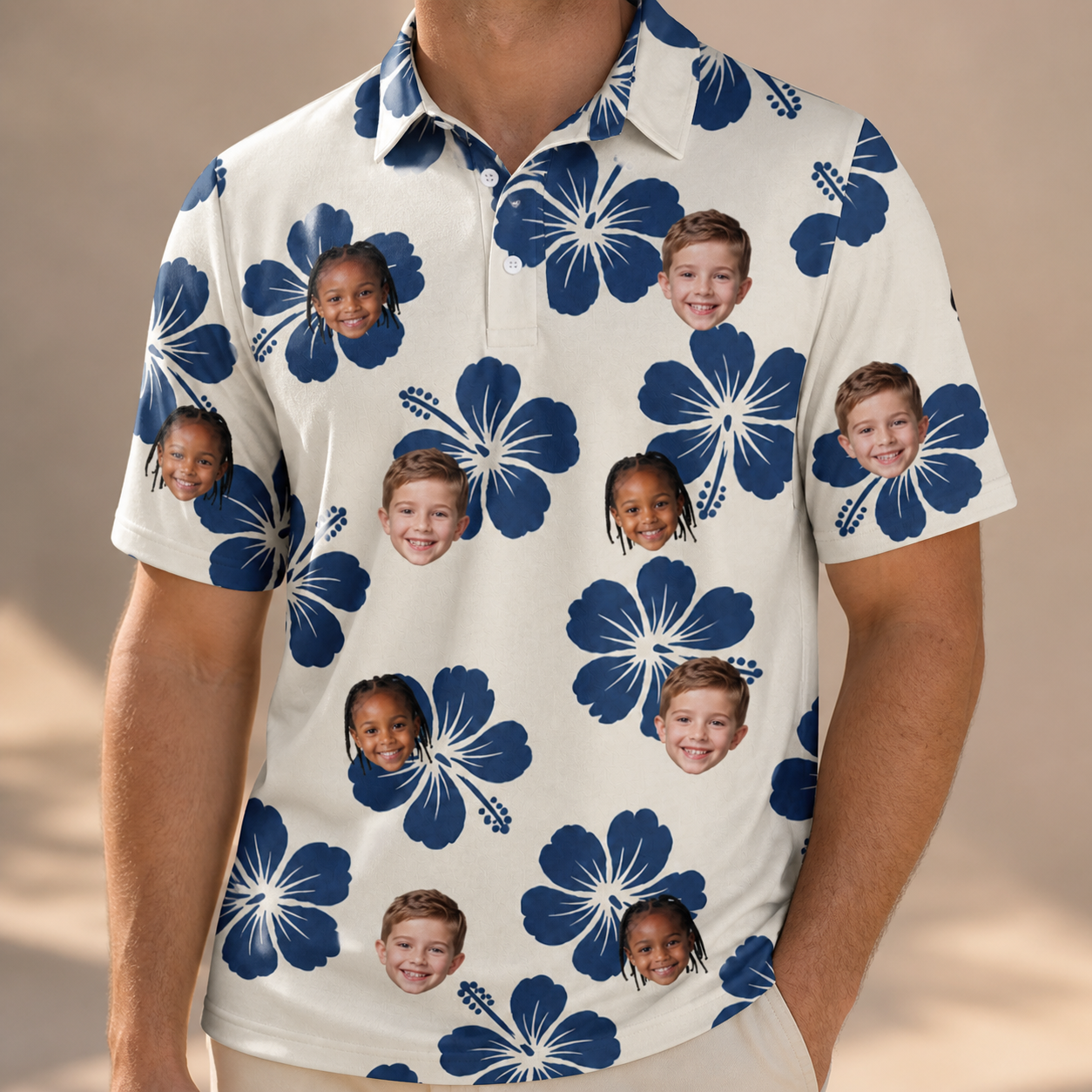 Model wearing Men's Deco Garden Custom Face Polo Shirt printed with kids' faces