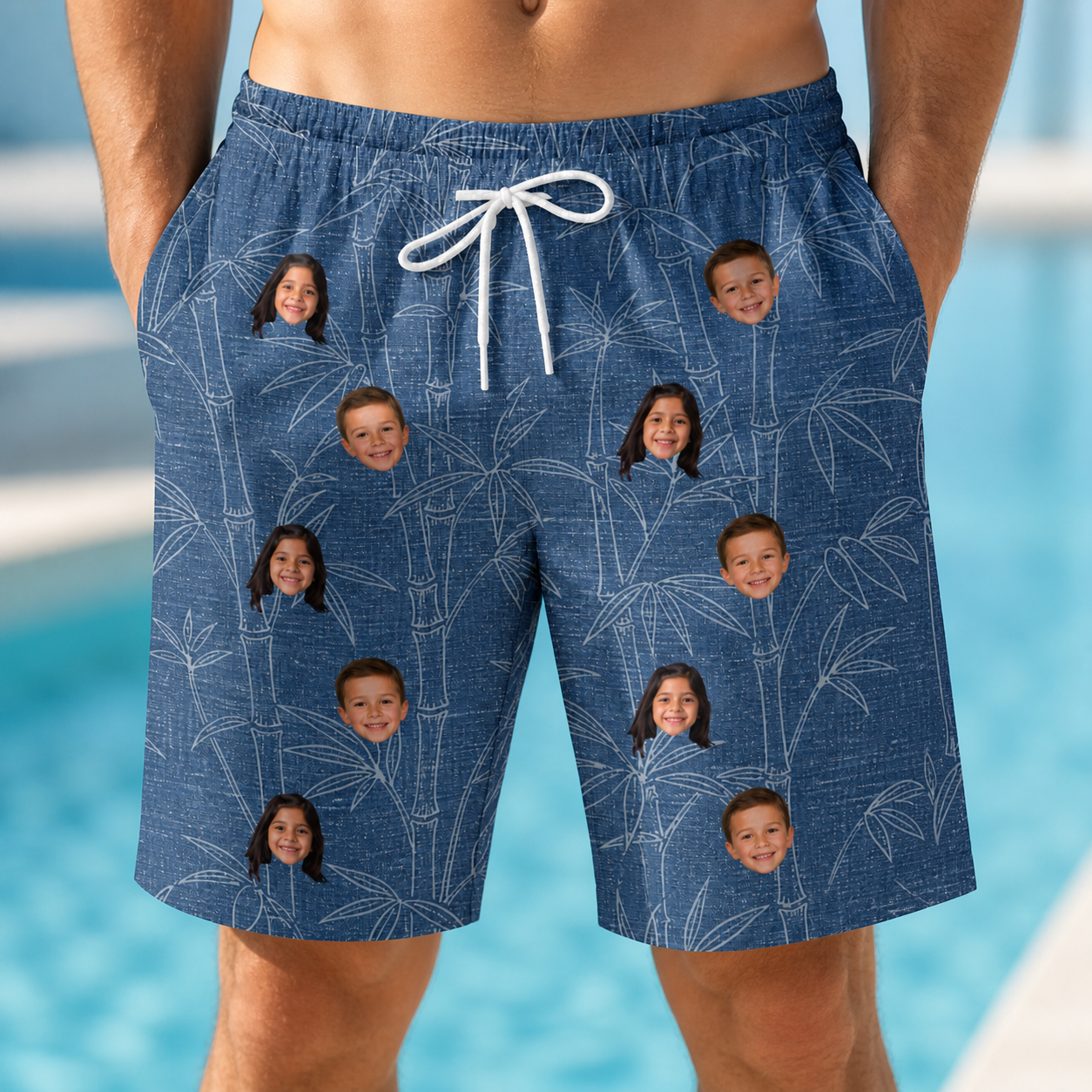 Model wearing Men's Jade Jetset Custom Face Beach Shorts printed with kids' faces