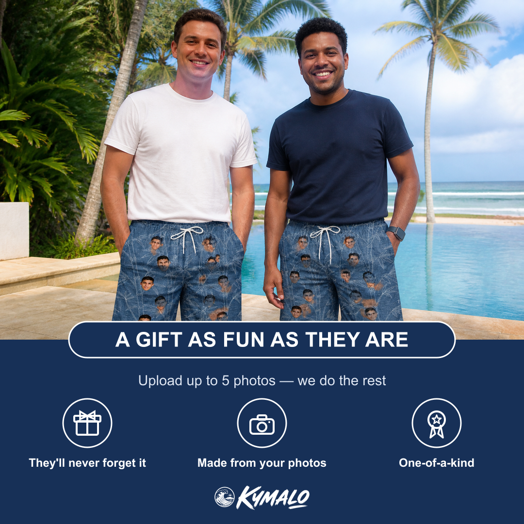 Friends in matching Men's Jade Jetset Custom Face Beach Shorts — a group gift photo