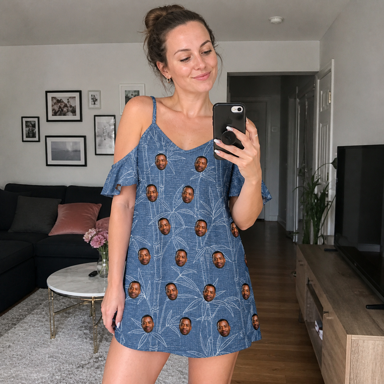 Real-life photo of someone wearing Women's Jade Jetset Custom Face Off-Shoulder Dress — custom faces printed all-over