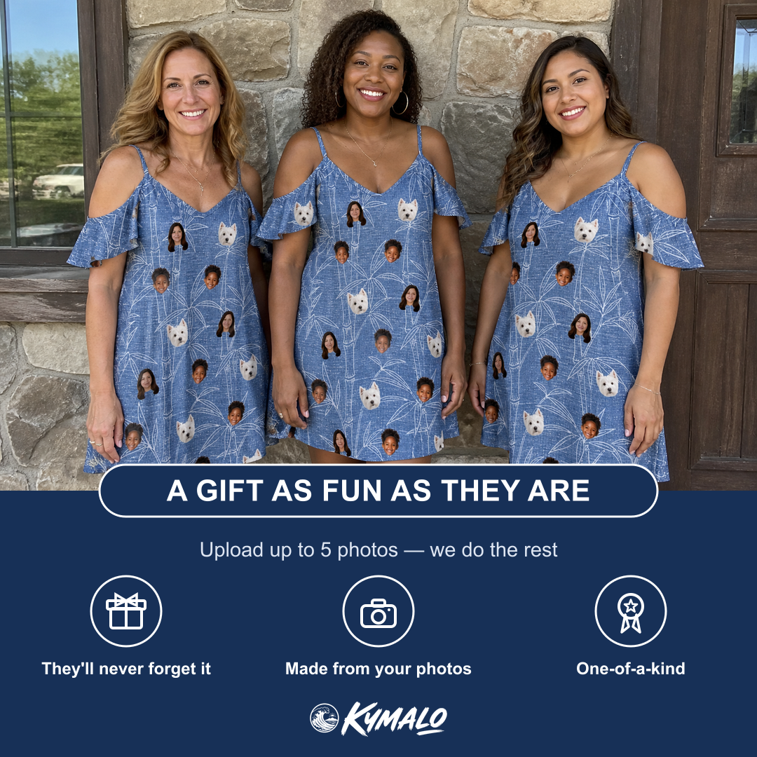 Friends in matching Women's Jade Jetset Custom Face Off-Shoulder Dress — a group gift photo