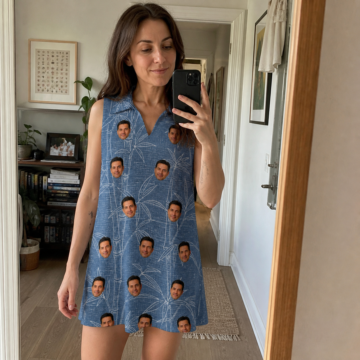 Real-life photo of someone wearing Women's Jade Jetset Custom Face V-Neck Dress — custom faces printed all-over
