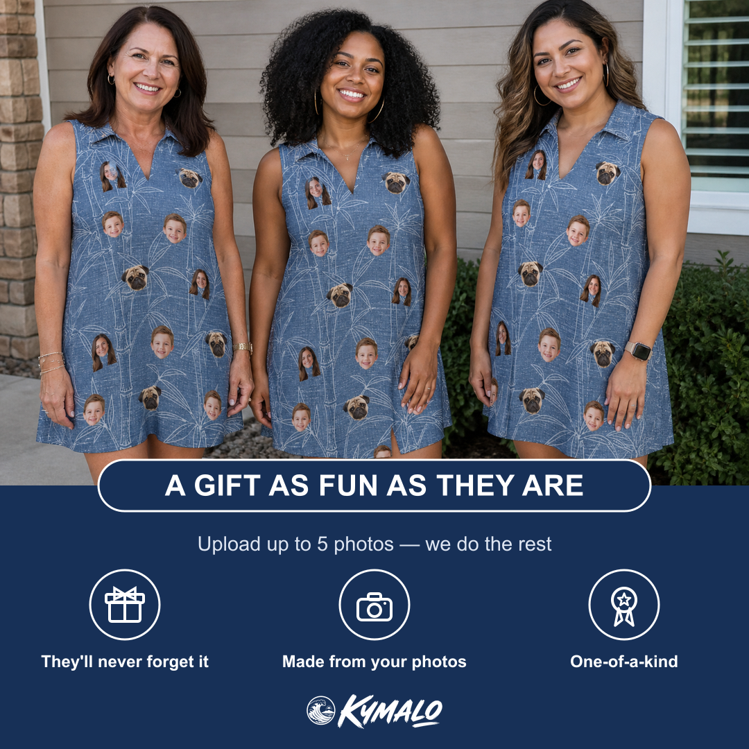 Friends in matching Women's Jade Jetset Custom Face V-Neck Dress — a group gift photo