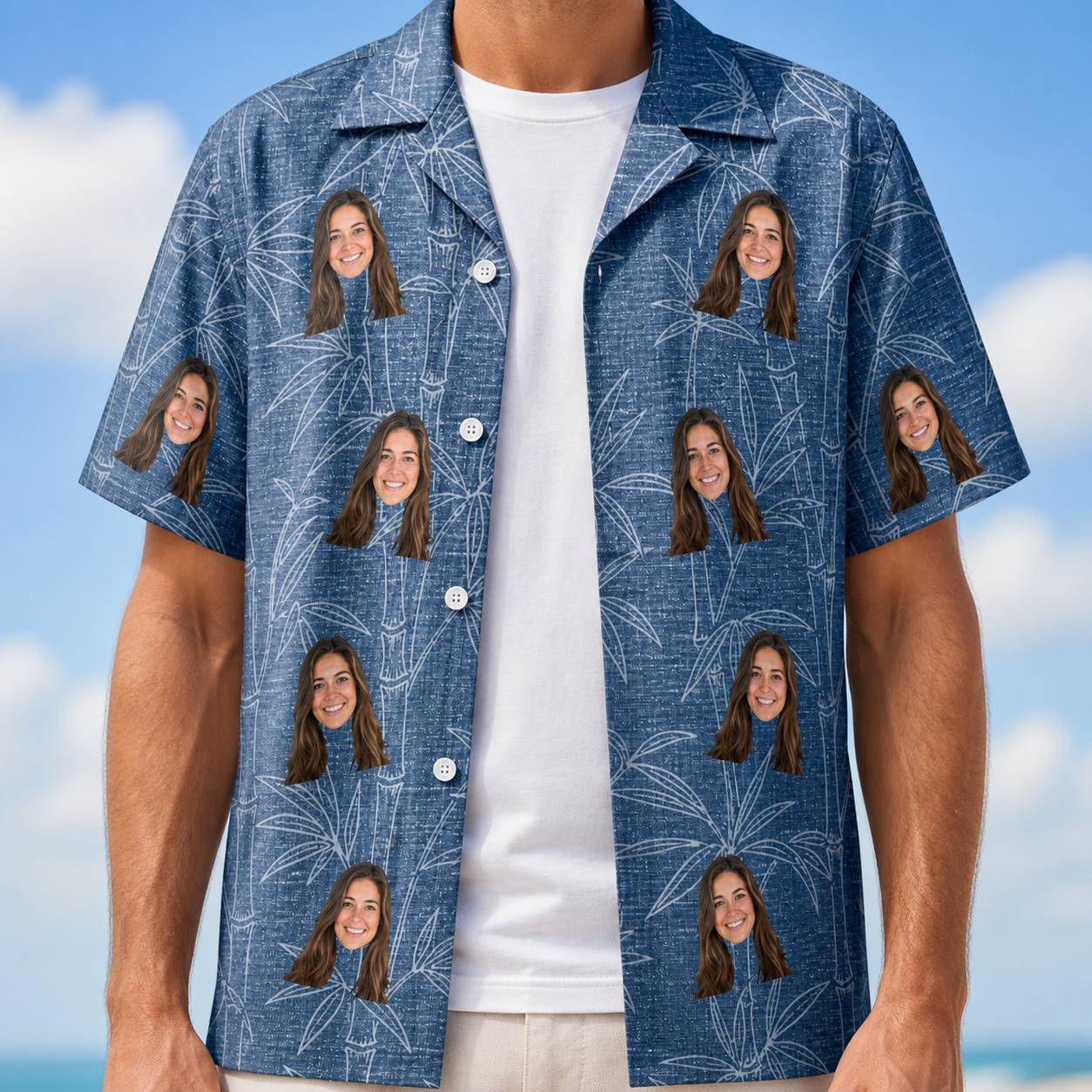 Man wearing Men's Jade Jetset Custom Face Hawaiian Shirt open over a white tee