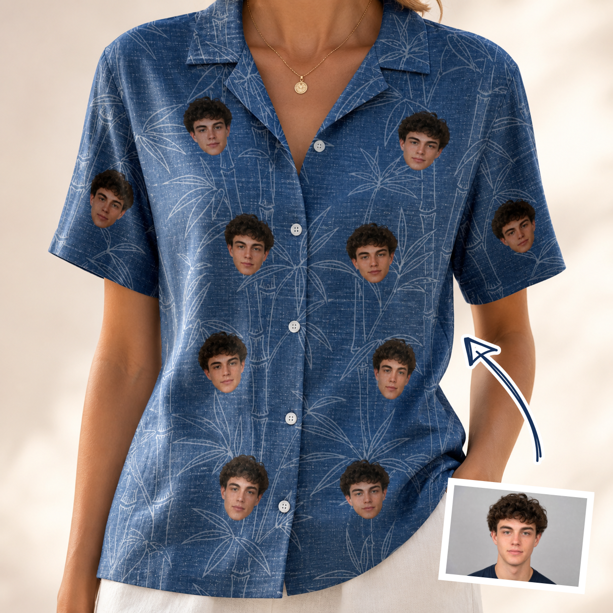 Woman wearing Women's Jade Jetset Custom Face Hawaiian Shirt — custom faces printed all-over
