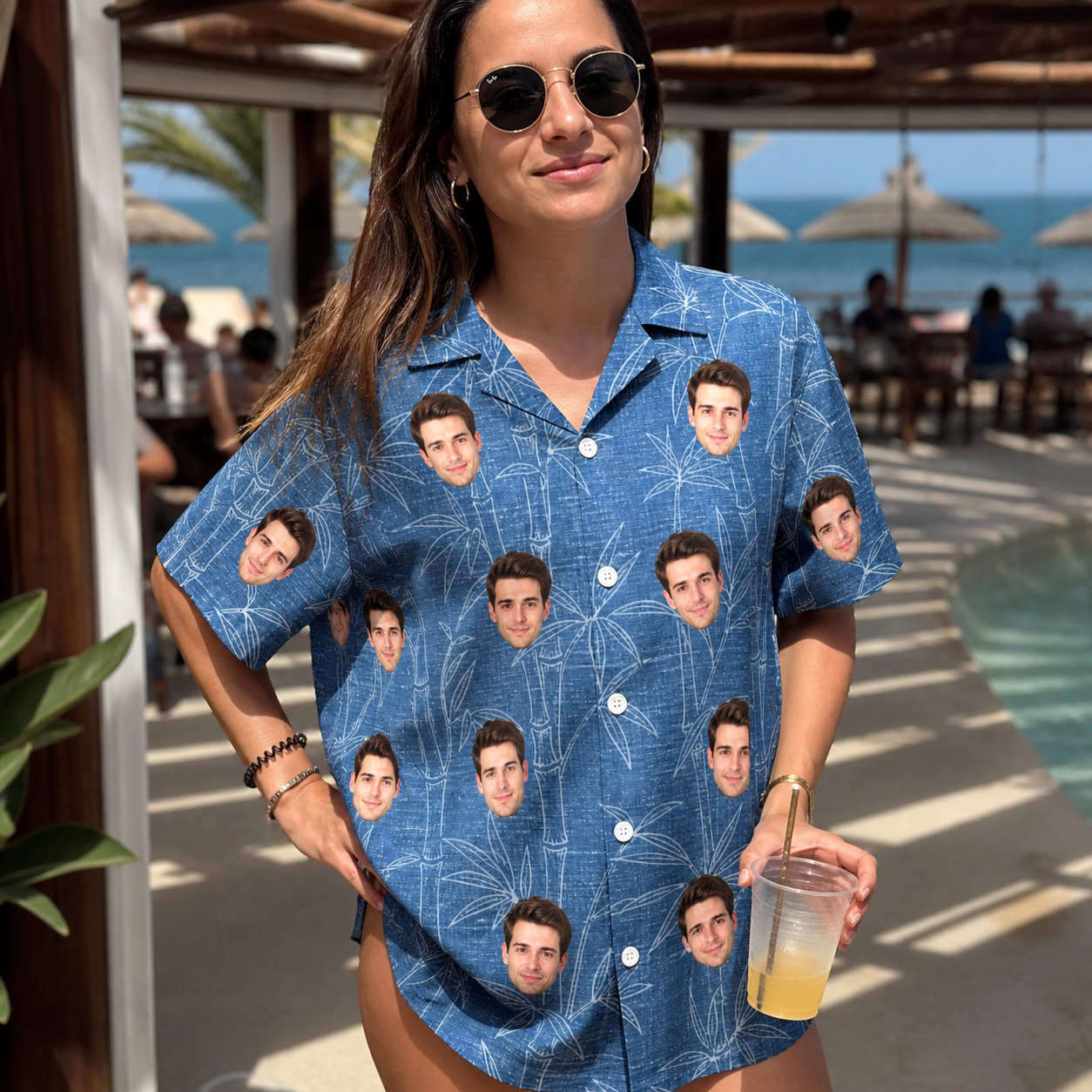 Real-life photo of someone wearing Women's Jade Jetset Custom Face Hawaiian Shirt — custom faces printed all-over