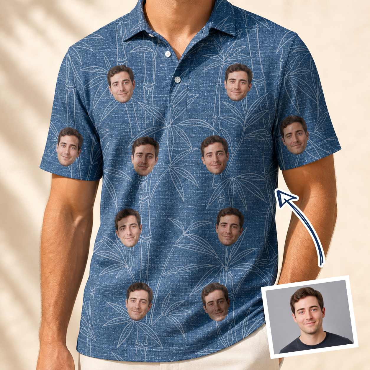 Man wearing Men's Jade Jetset Custom Face Polo Shirt — custom faces printed all-over
