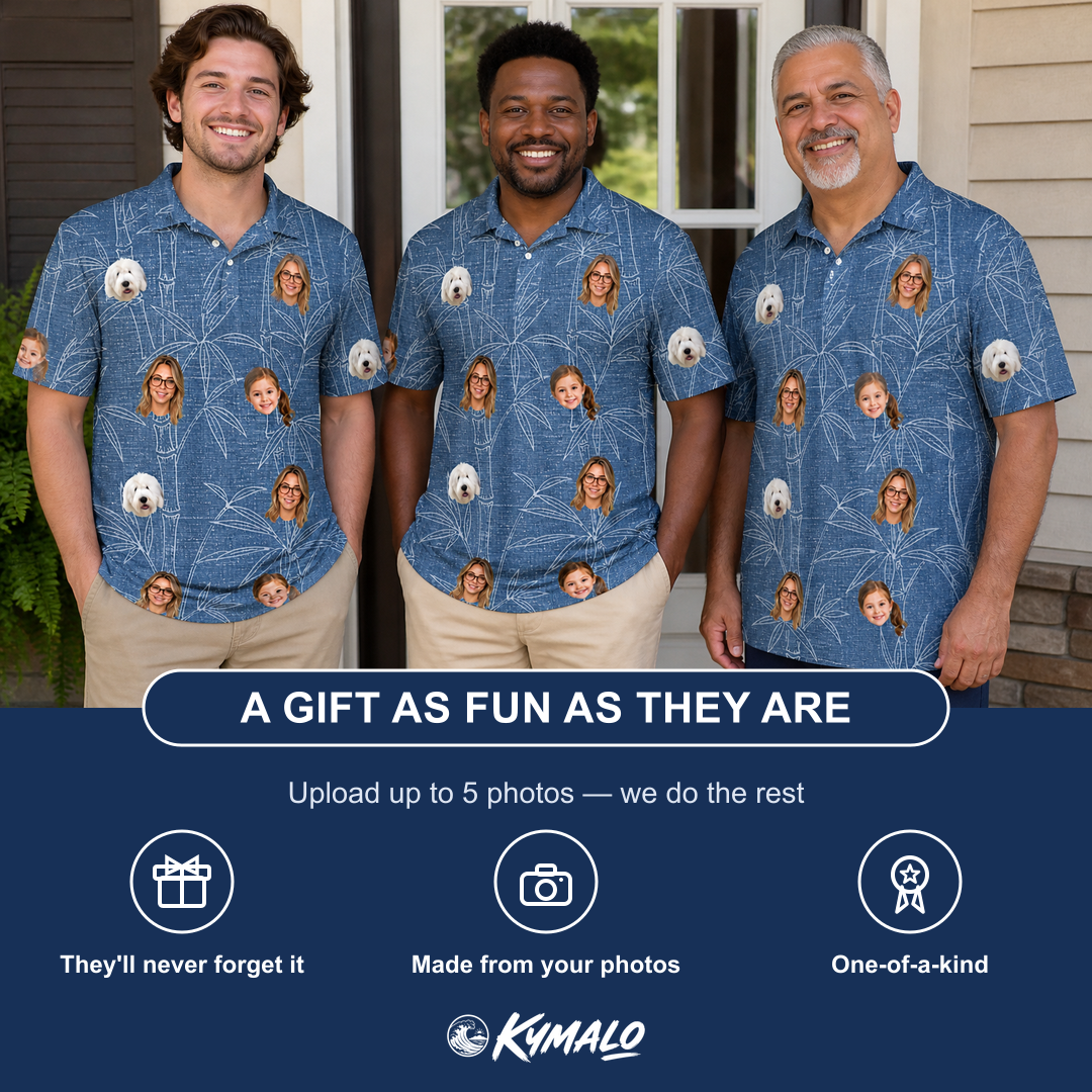 Friends in matching Men's Jade Jetset Custom Face Polo Shirt — a group gift photo