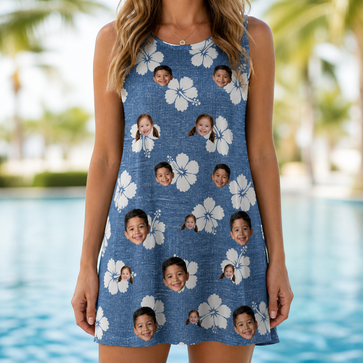 Model wearing Women's Riviera Reverie Custom Face Tank Dress printed with kids' faces