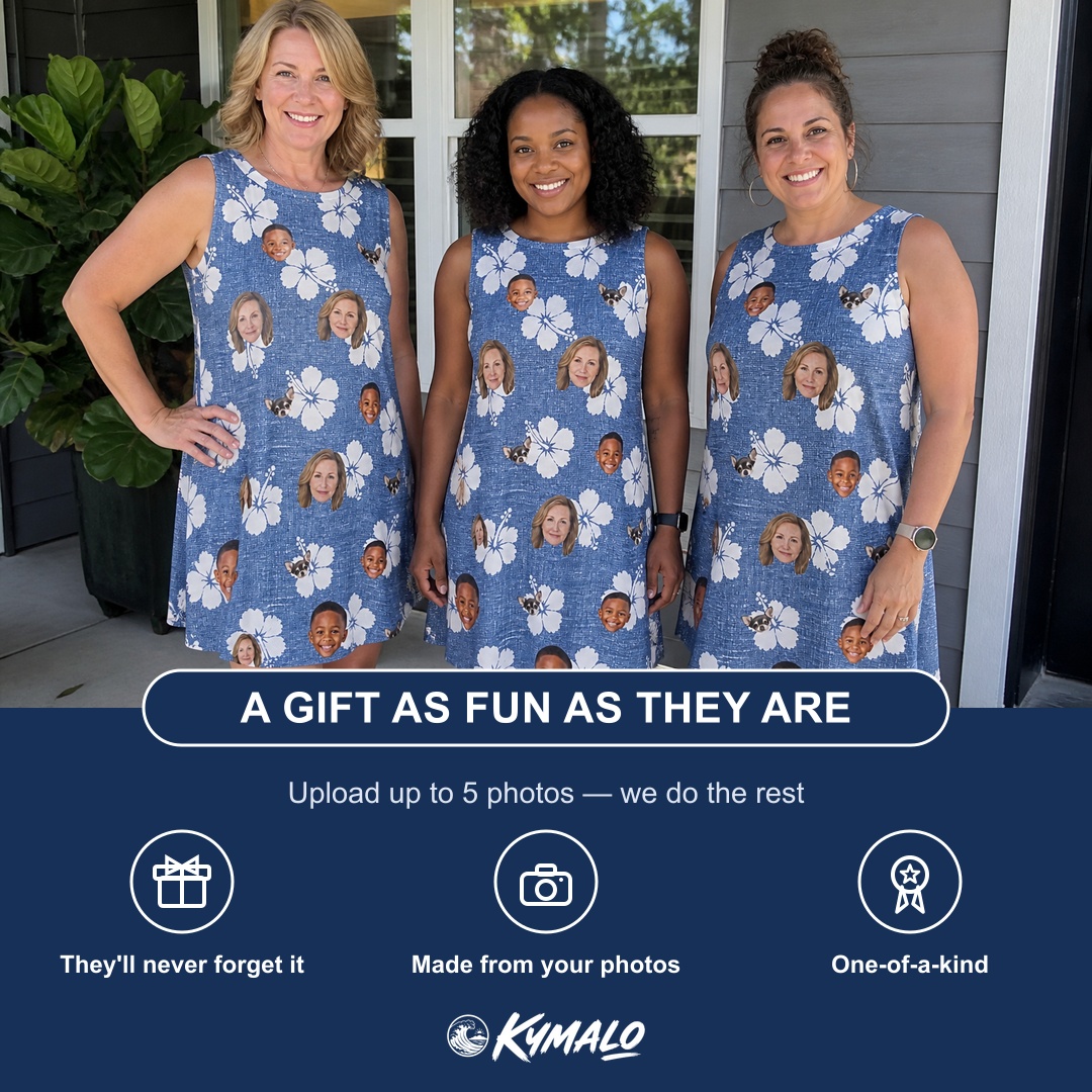 Friends in matching Women's Riviera Reverie Custom Face Tank Dress — a group gift photo