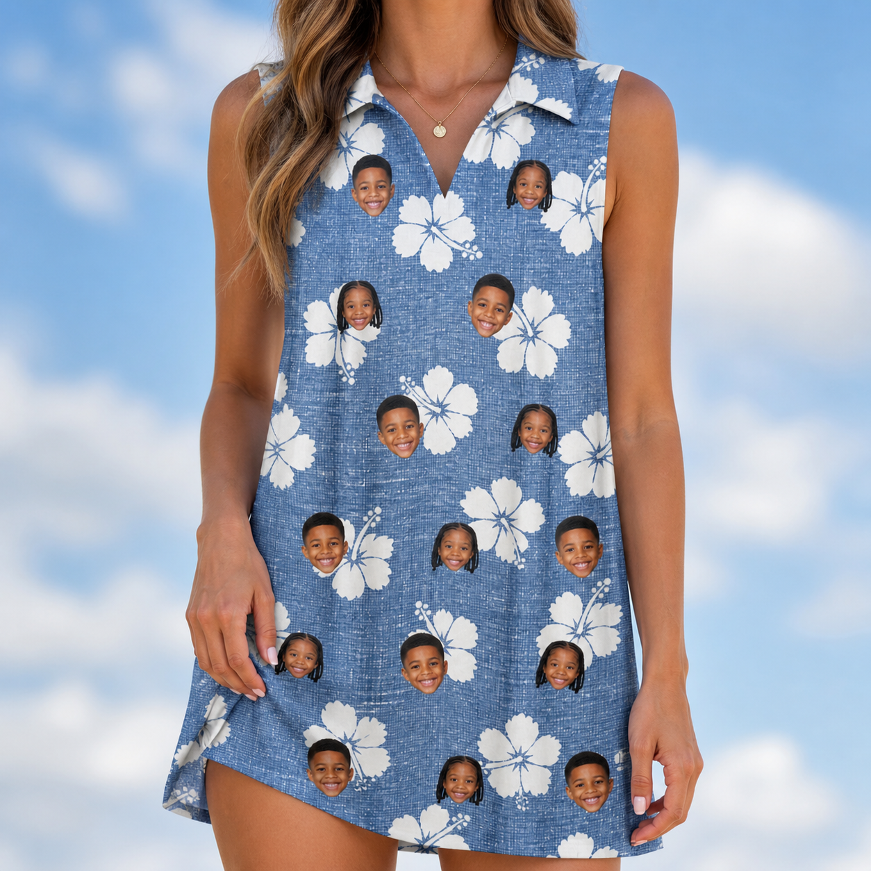 Model wearing Women's Riviera Reverie Custom Face V-Neck Dress printed with kids' faces