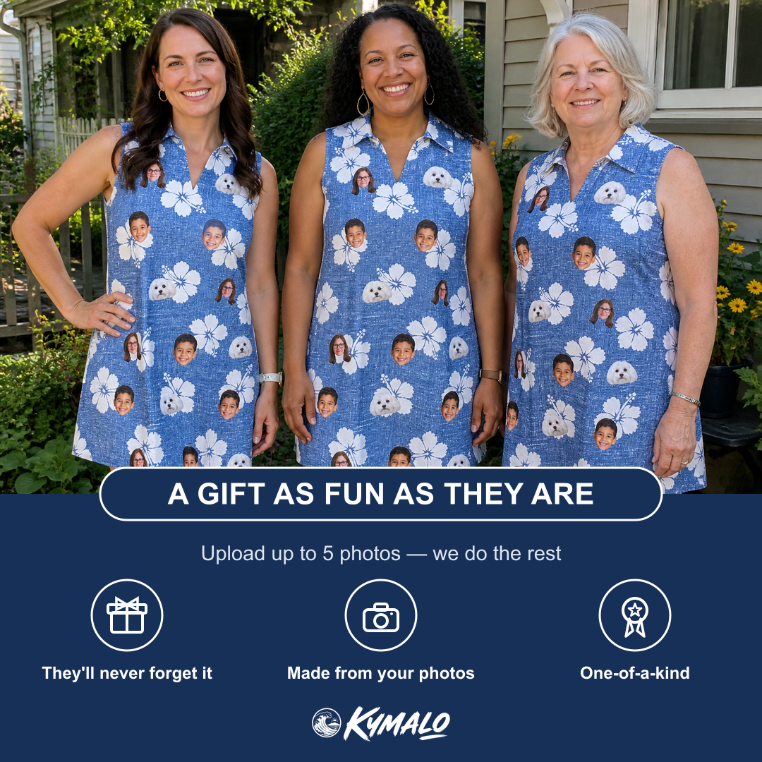 Friends in matching Women's Riviera Reverie Custom Face V-Neck Dress — a group gift photo