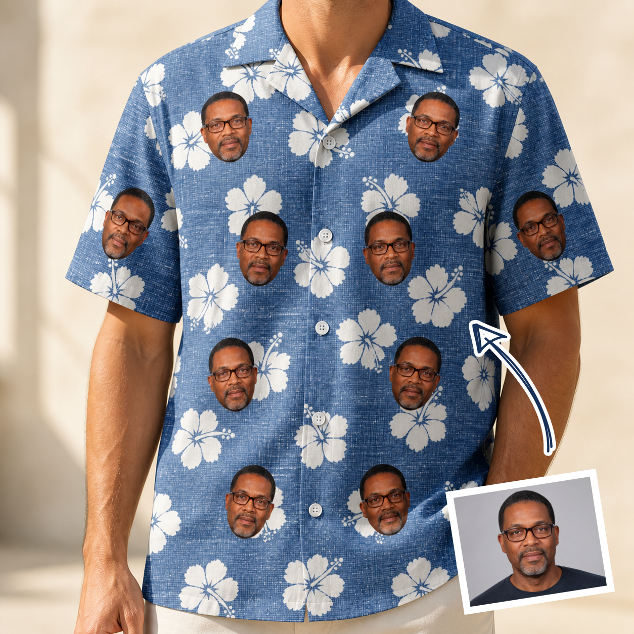 Man wearing Men's Riviera Reverie Custom Face Hawaiian Shirt — custom faces printed all-over