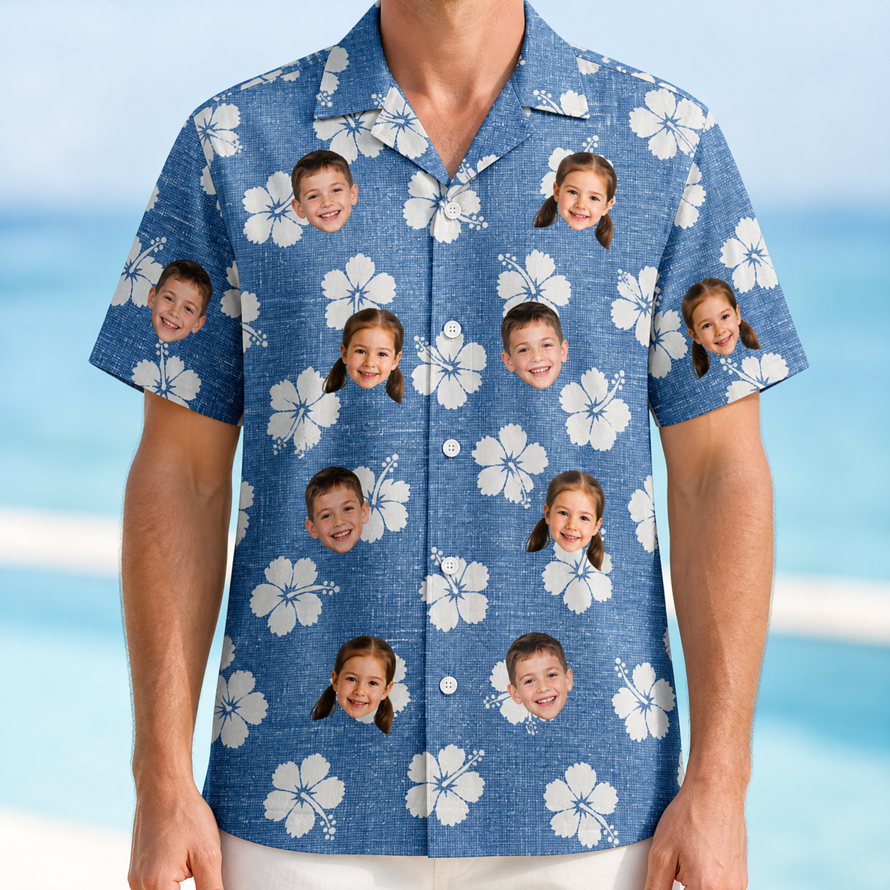 Model wearing Men's Riviera Reverie Custom Face Hawaiian Shirt printed with kids' faces