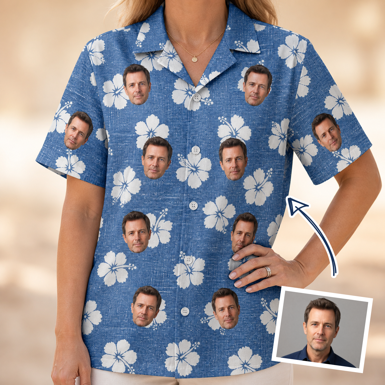 Woman wearing Women's Riviera Reverie Custom Face Hawaiian Shirt — custom faces printed all-over