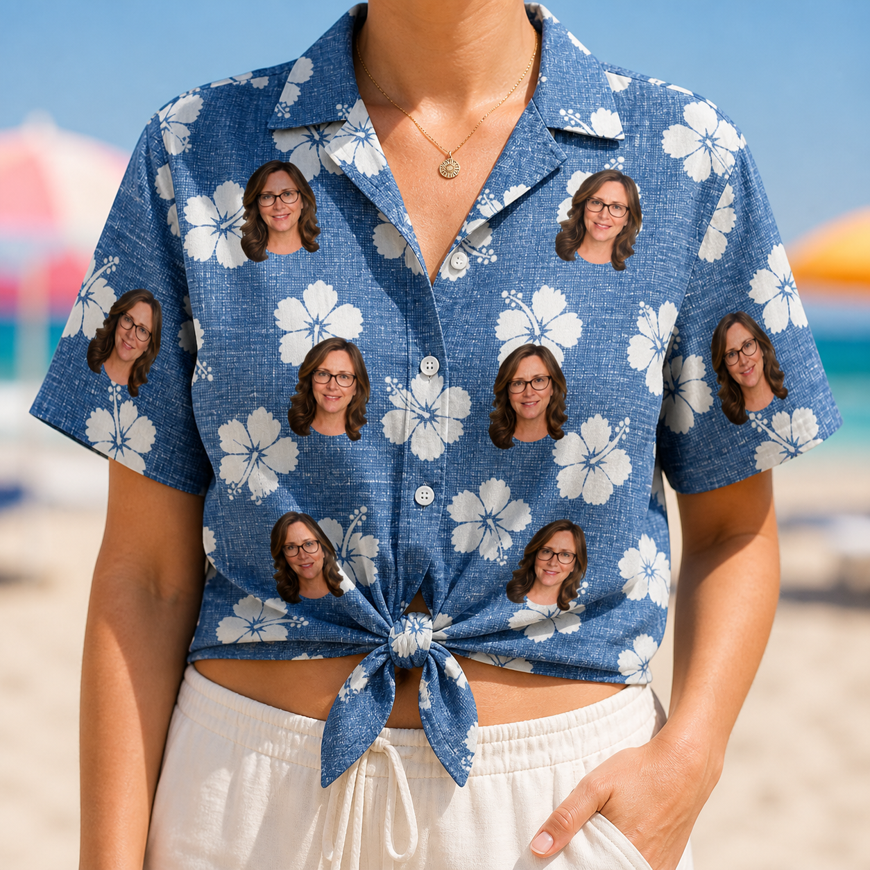 Woman wearing Women's Riviera Reverie Custom Face Hawaiian Shirt tied at the waist