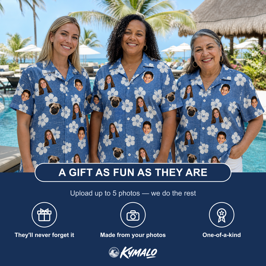 Friends in matching Women's Riviera Reverie Custom Face Hawaiian Shirt — a group gift photo