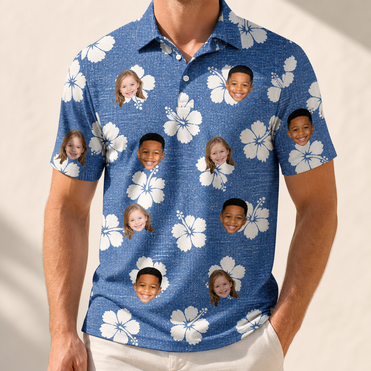 Model wearing Men's Riviera Reverie Custom Face Polo Shirt printed with kids' faces