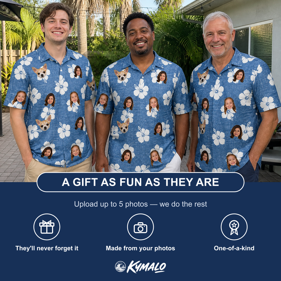 Friends in matching Men's Riviera Reverie Custom Face Polo Shirt — a group gift photo