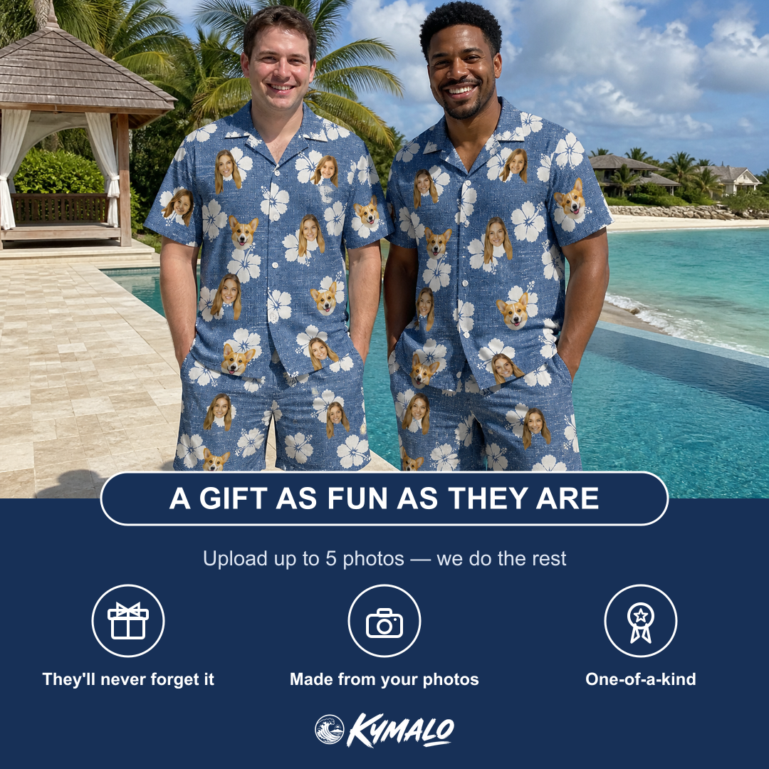 Friends in matching Men's Riviera Reverie Custom Face Shirt & Shorts Set — a group gift photo