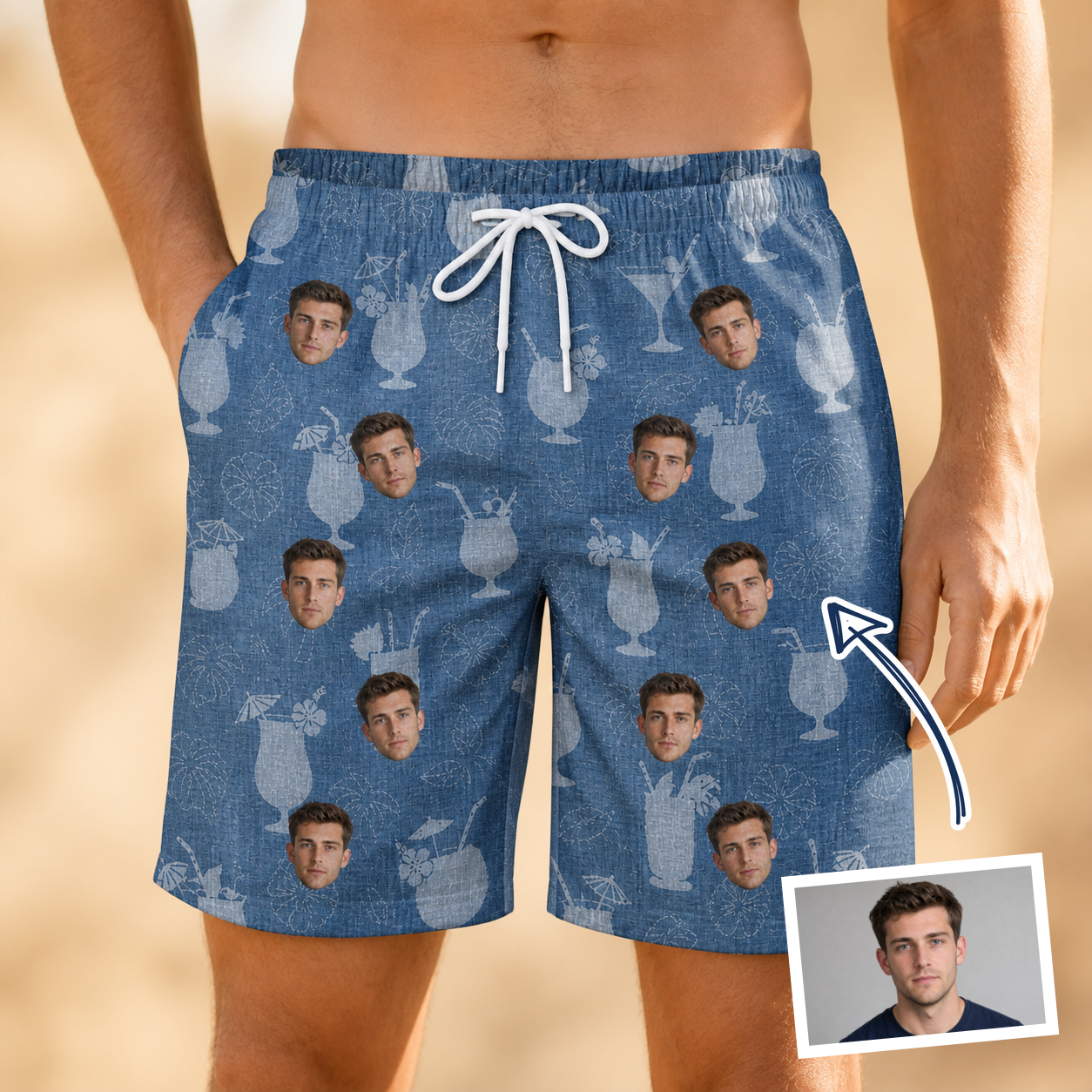 Man wearing Men's Retro Rhumba Custom Face Beach Shorts — custom faces printed all-over