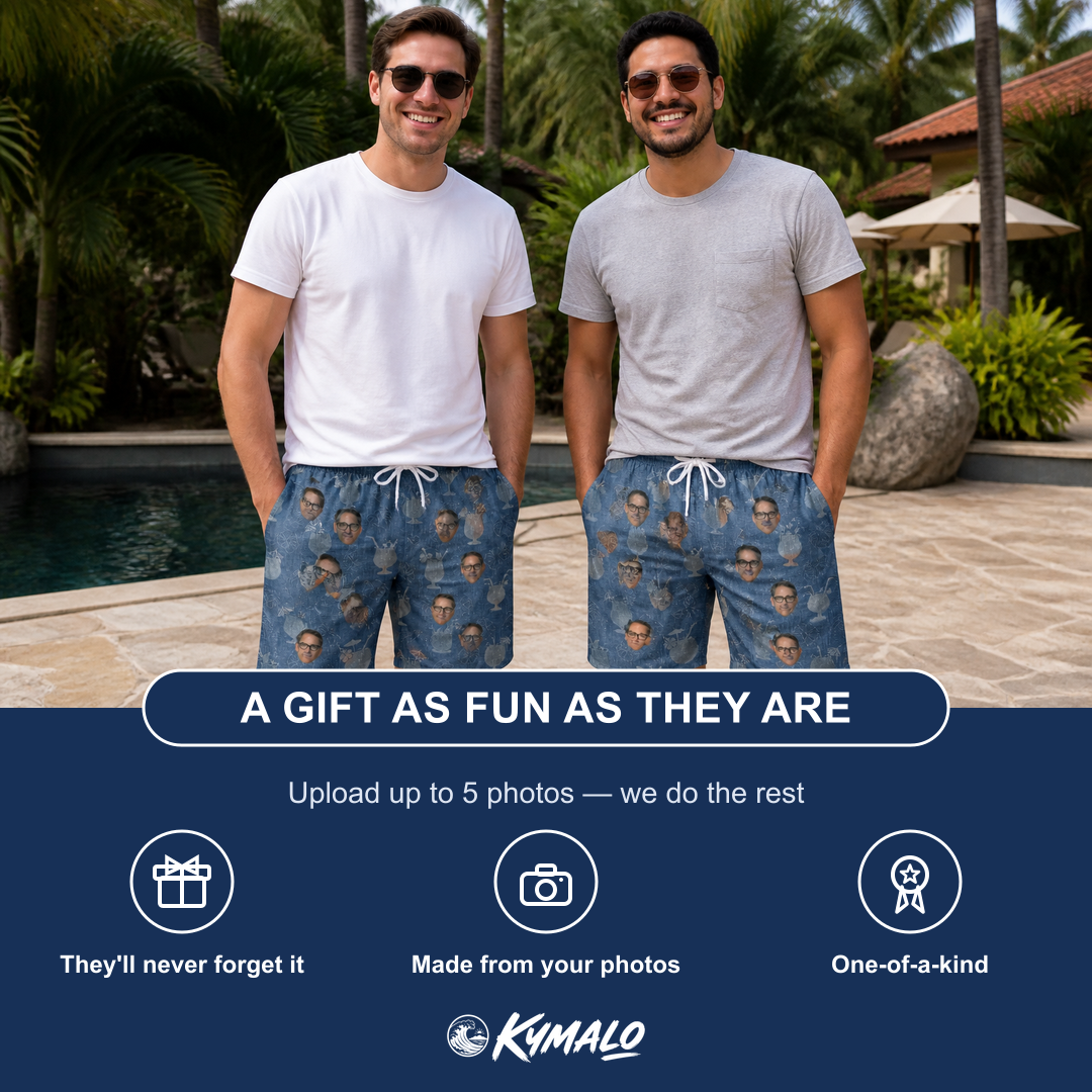 Friends in matching Men's Retro Rhumba Custom Face Beach Shorts — a group gift photo