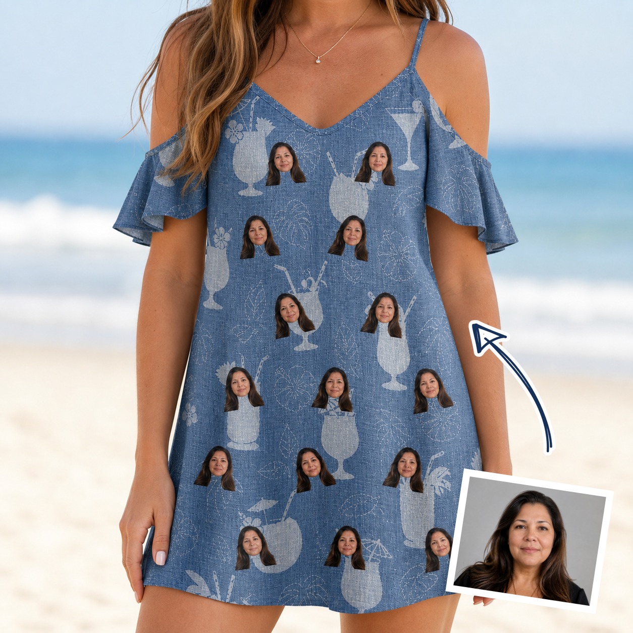 Woman wearing Women's Retro Rhumba Custom Face Off-Shoulder Dress — custom faces printed all-over