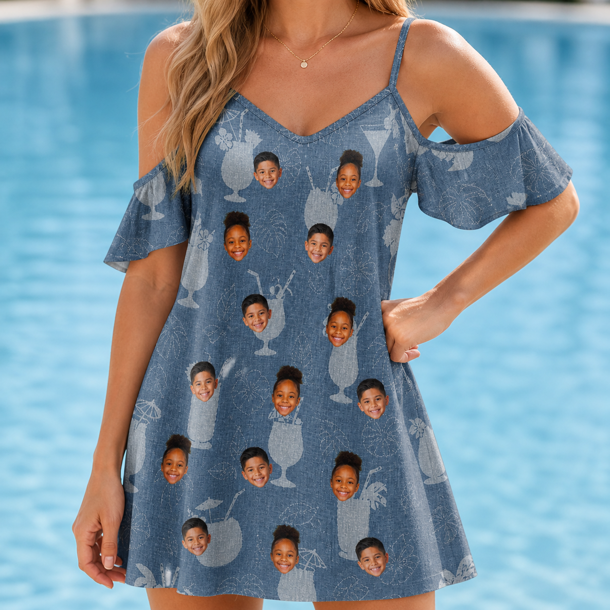 Model wearing Women's Retro Rhumba Custom Face Off-Shoulder Dress printed with kids' faces