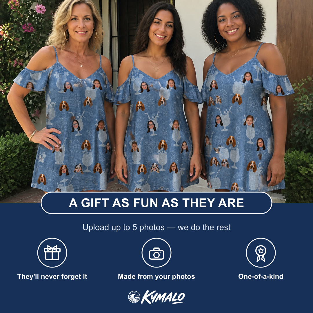 Friends in matching Women's Retro Rhumba Custom Face Off-Shoulder Dress — a group gift photo