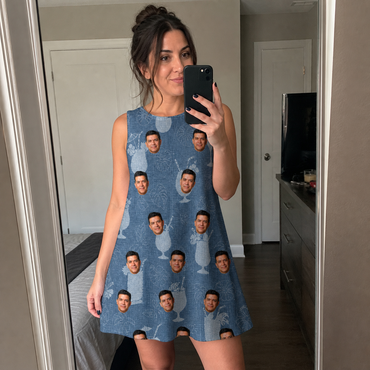 Real-life photo of someone wearing Women's Retro Rhumba Custom Face Tank Dress — custom faces printed all-over