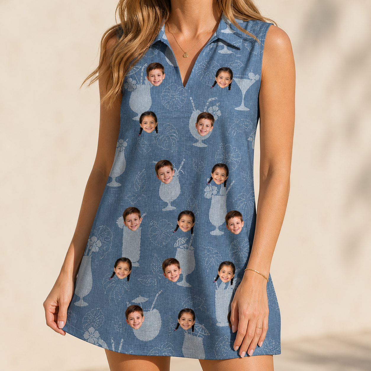Model wearing Women's Retro Rhumba Custom Face V-Neck Dress printed with kids' faces