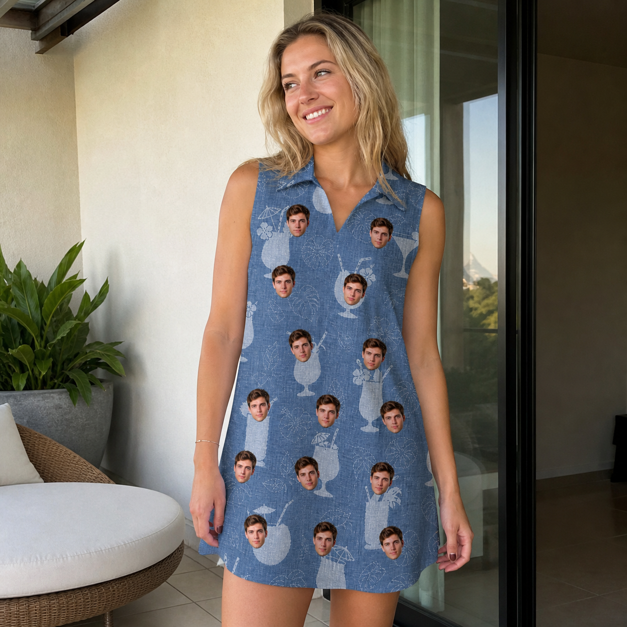 Real-life photo of someone wearing Women's Retro Rhumba Custom Face V-Neck Dress — custom faces printed all-over