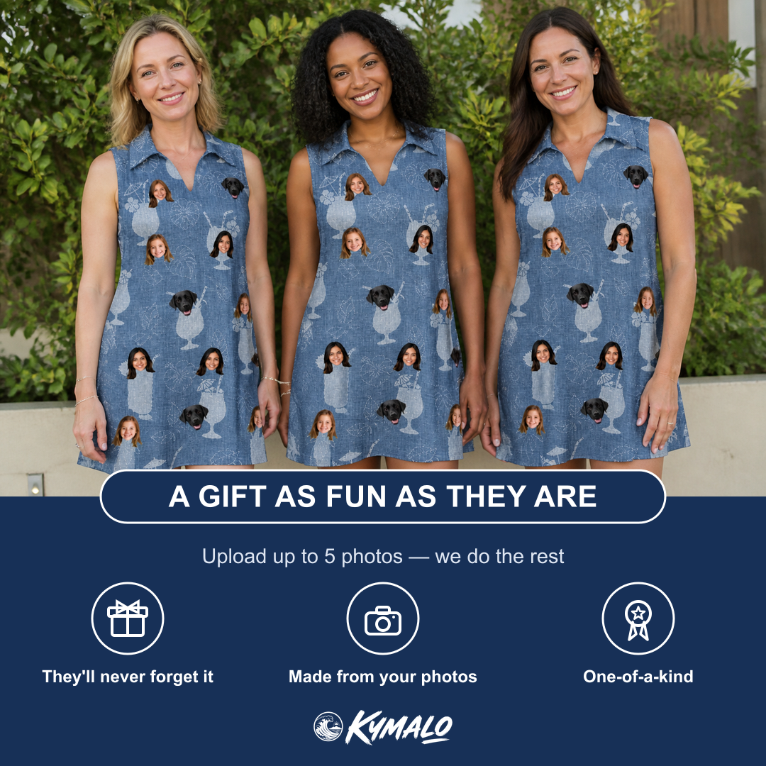 Friends in matching Women's Retro Rhumba Custom Face V-Neck Dress — a group gift photo