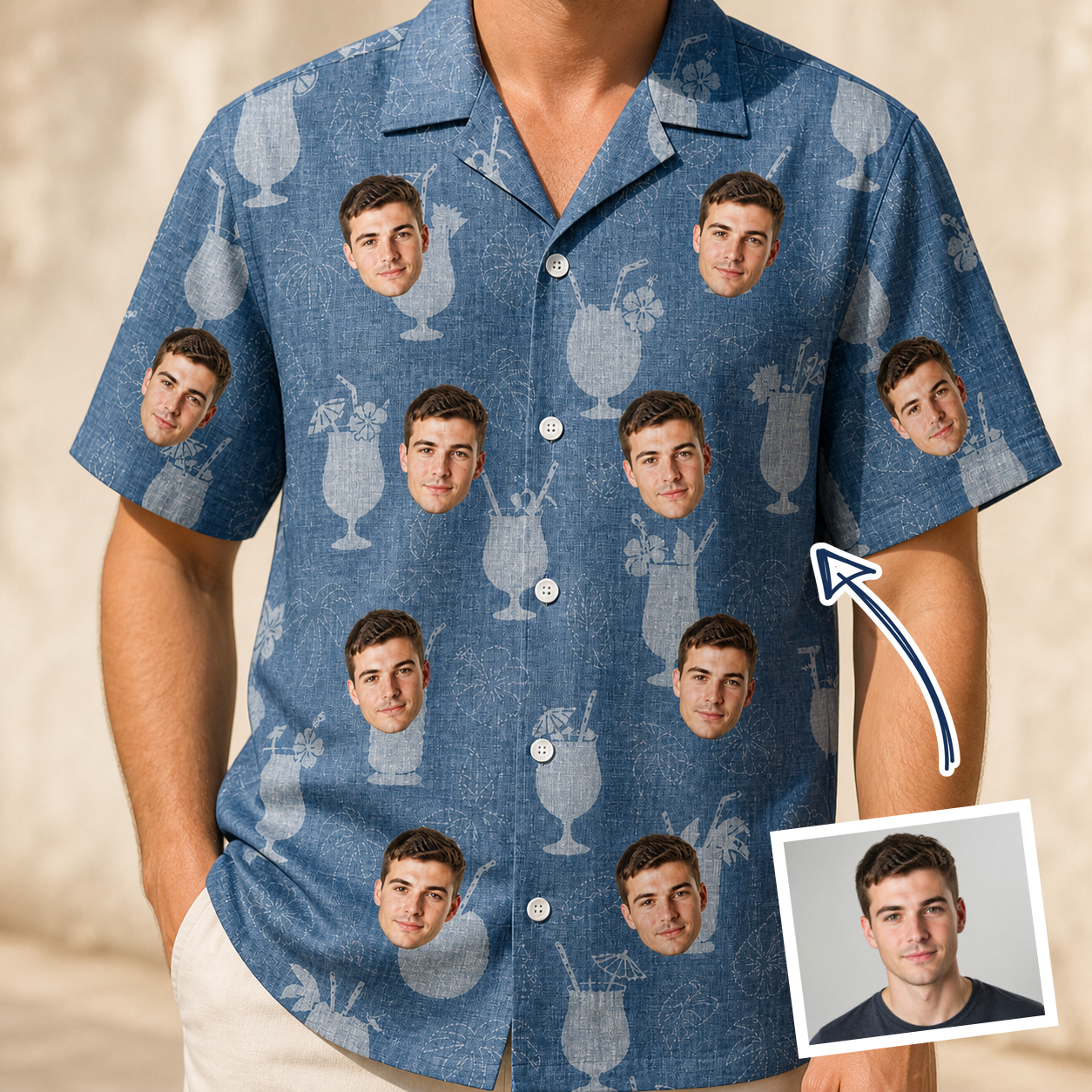 Man wearing Men's Retro Rhumba Custom Face Hawaiian Shirt — custom faces printed all-over