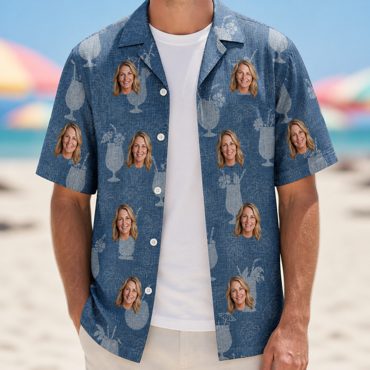 Man wearing Men's Retro Rhumba Custom Face Hawaiian Shirt open over a white tee