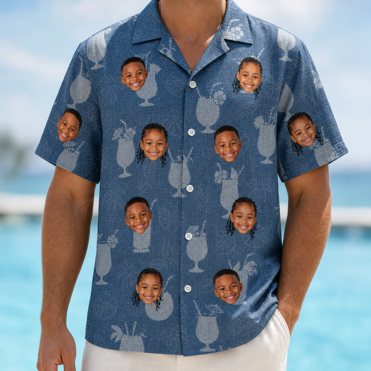 Model wearing Men's Retro Rhumba Custom Face Hawaiian Shirt printed with kids' faces