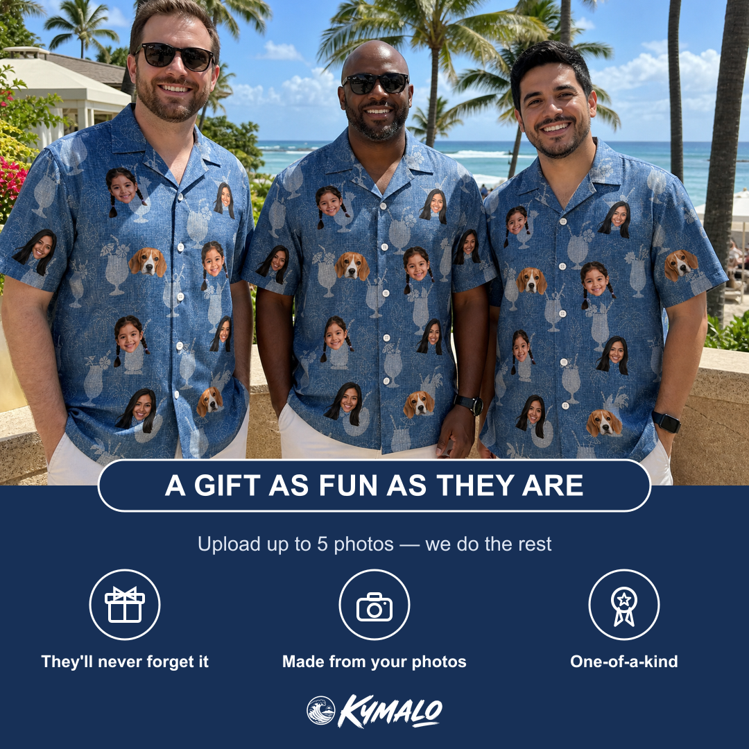 Friends in matching Men's Retro Rhumba Custom Face Hawaiian Shirt — a group gift photo