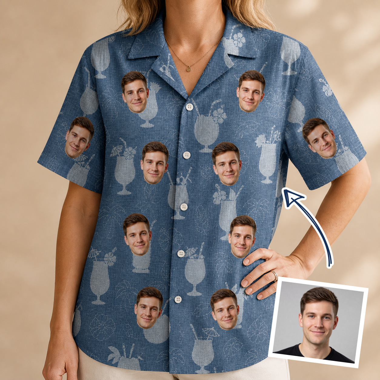 Woman wearing Women's Retro Rhumba Custom Face Hawaiian Shirt — custom faces printed all-over