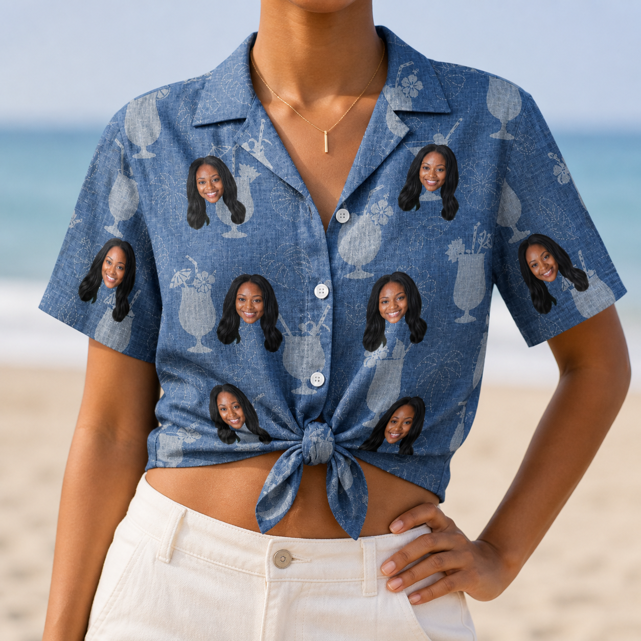 Woman wearing Women's Retro Rhumba Custom Face Hawaiian Shirt tied at the waist