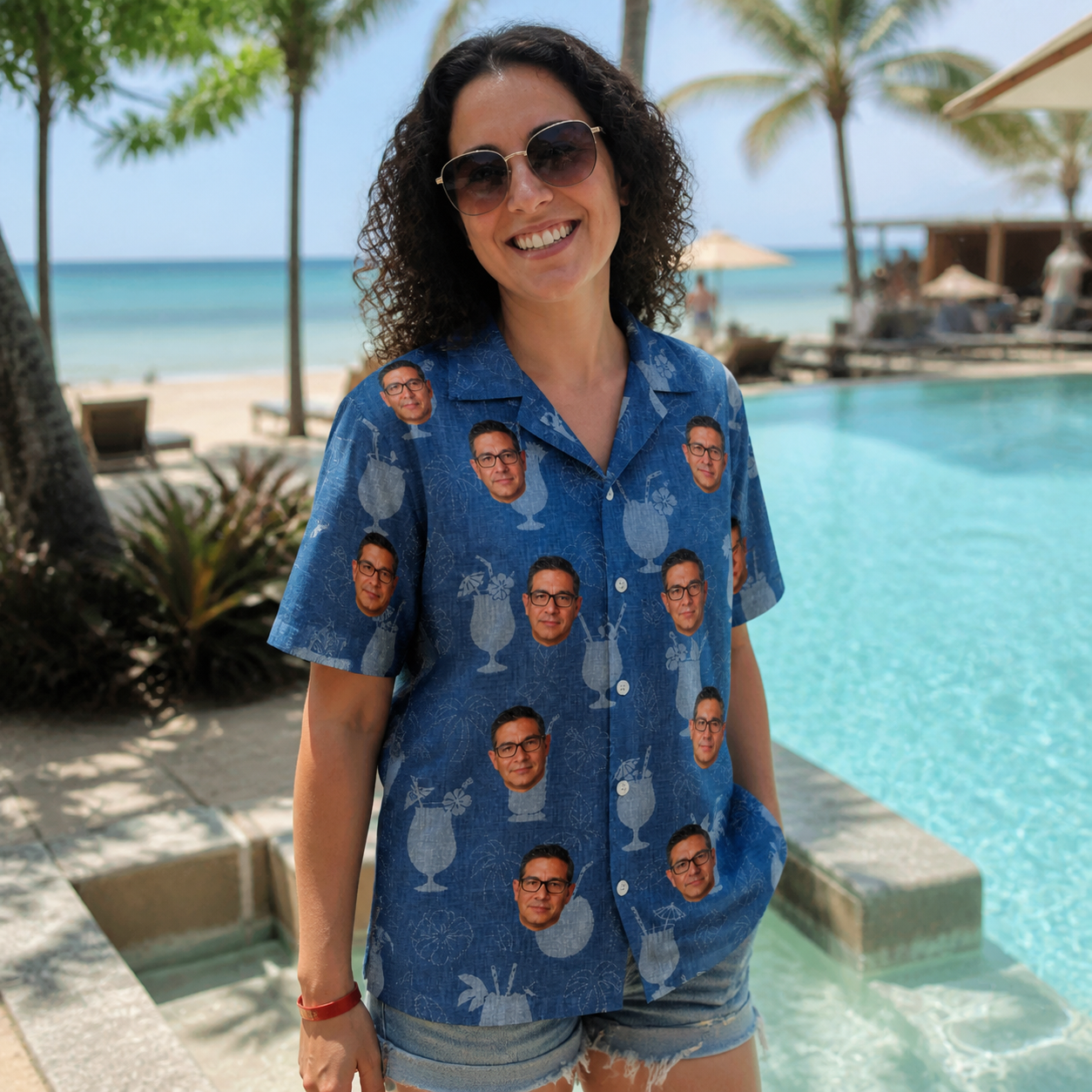 Real-life photo of someone wearing Women's Retro Rhumba Custom Face Hawaiian Shirt — custom faces printed all-over