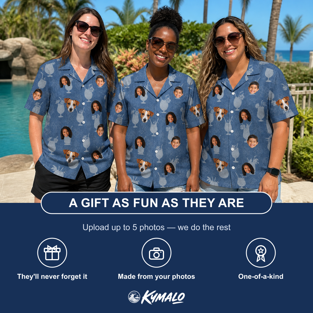 Friends in matching Women's Retro Rhumba Custom Face Hawaiian Shirt — a group gift photo