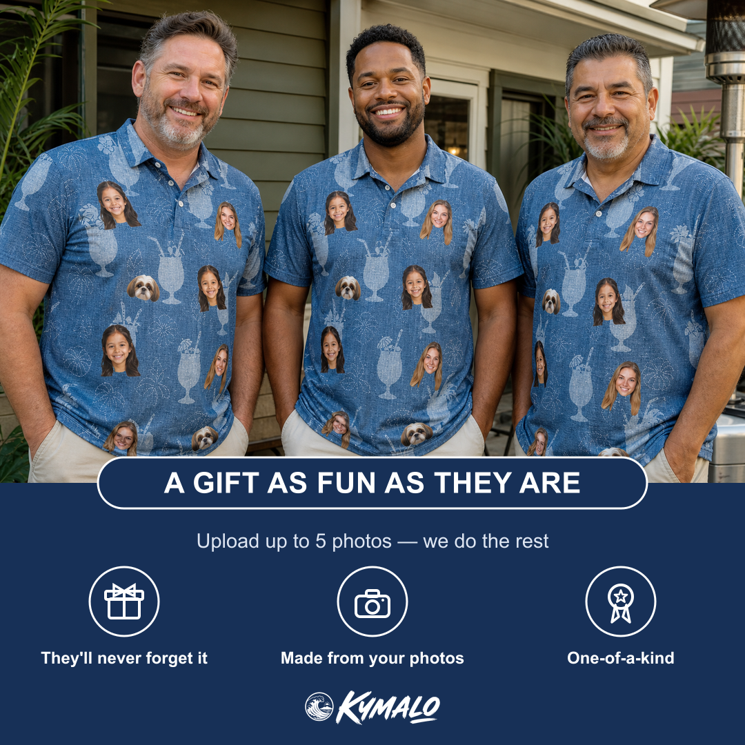 Friends in matching Men's Retro Rhumba Custom Face Polo Shirt — a group gift photo